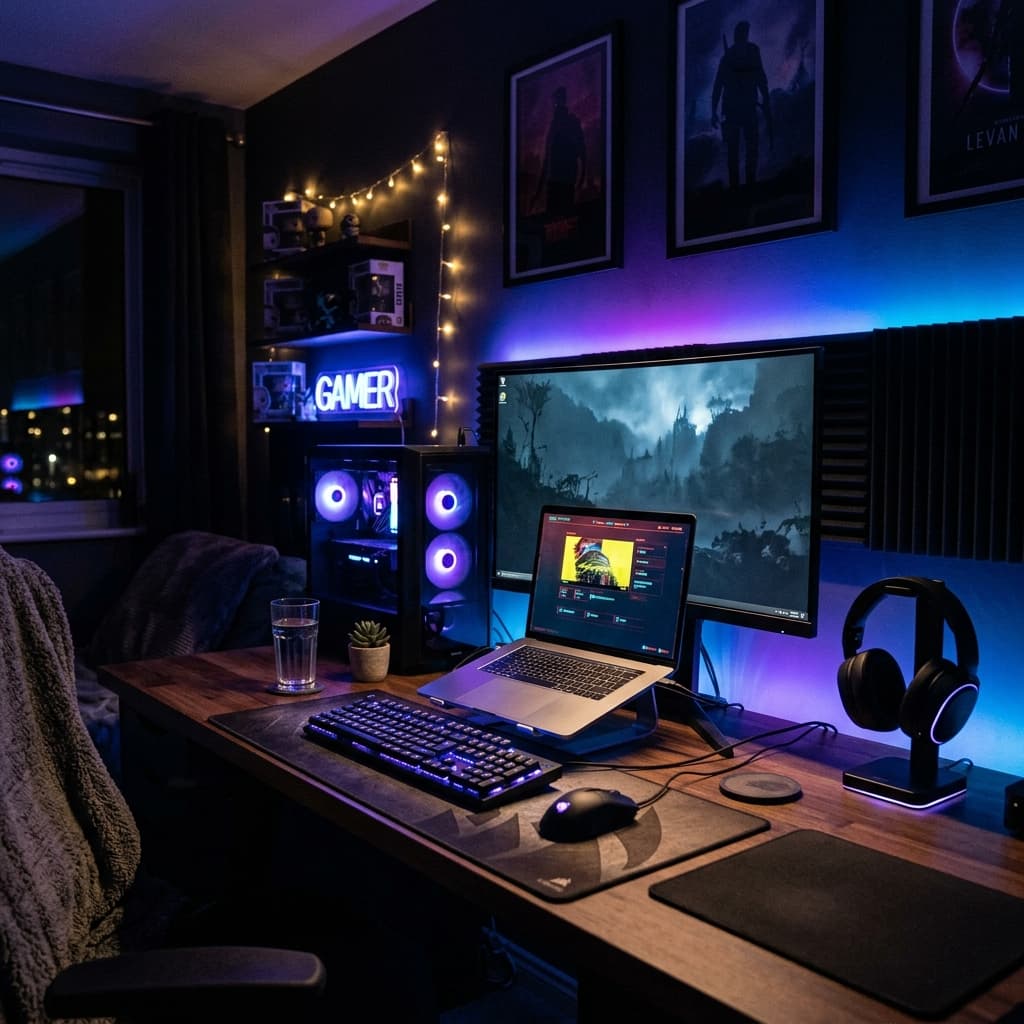 Cozy gamer desk with modern laptop